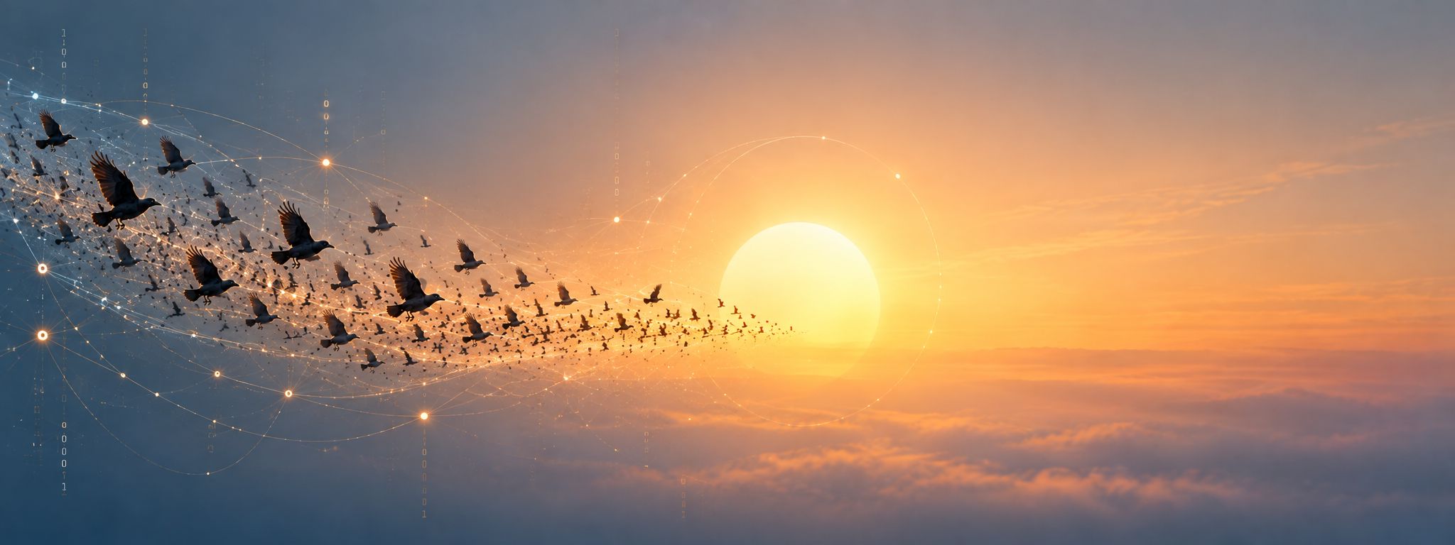 En flock kajor flyger mot solen, sammanbundna av lysande nätverkslinjer.
